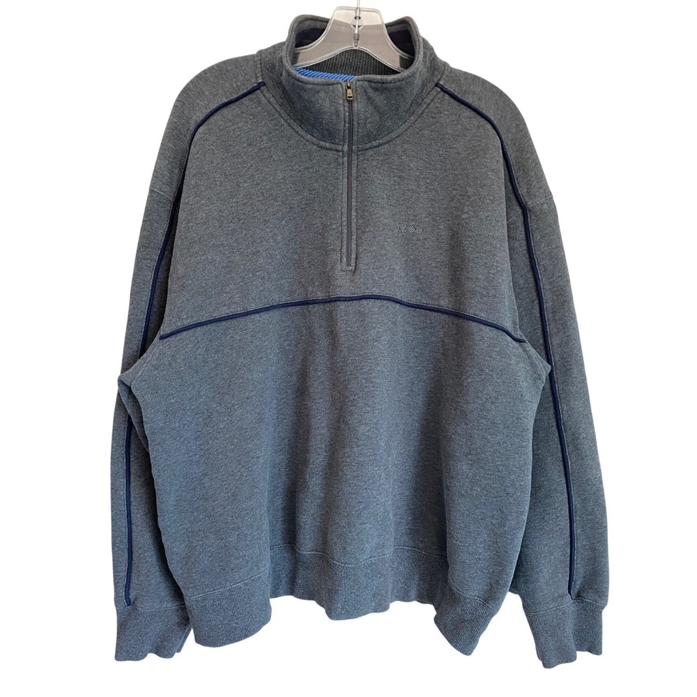 IZOD Mens XXL Gray Navy Piped Fleece Quarter Zip Pullover Sweatshirt - Picture 8 of 10
